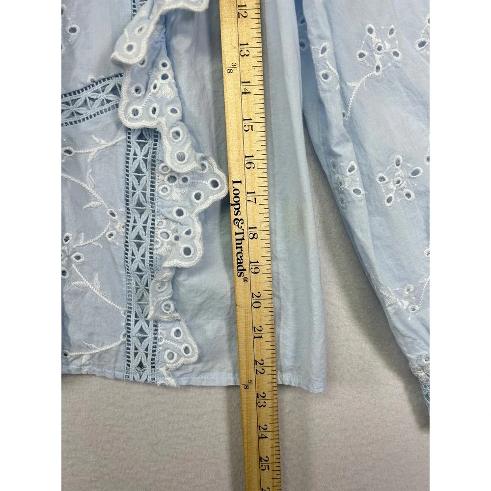 Ultra Pink Powder Blue Eyelet Ruffle Button-Up Blouse - Picture 7 of 9